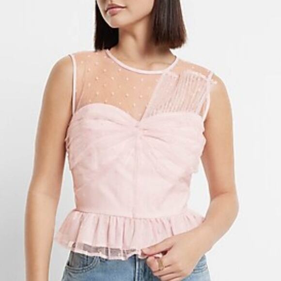 NWT EXPRESS Barbiecore pink tulle peplum top polka dot sheer 3245 - Picture 1 of 3